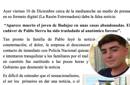 Fragmento del comunicado de la familia de Pablo Sierra