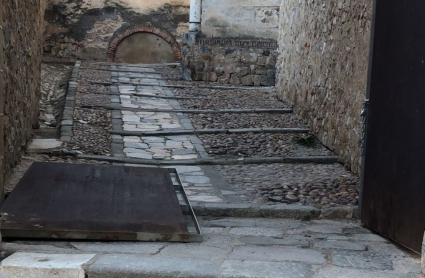Imagen de la puerta desencajada y tirada en el suelo