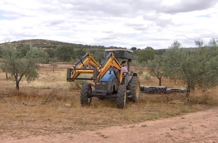 Joven agricultor con tractor en el campo.